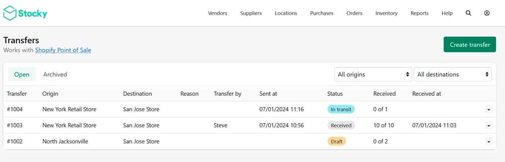 Shopify Stocky helps you manage inventory transfers and purchase orders